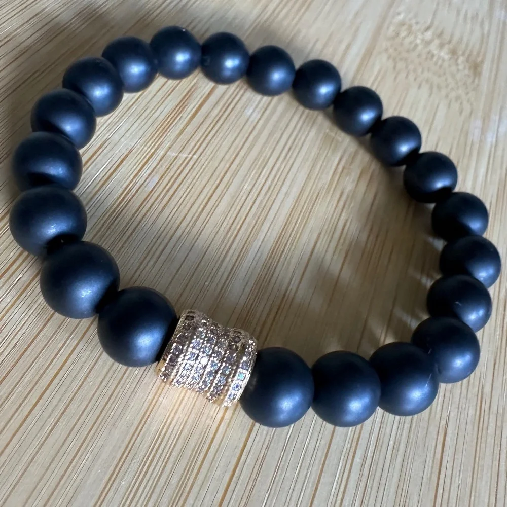 Matte Onyx 8mm Stretch Bracelet w/ Gold Crystal Pave Spacer
